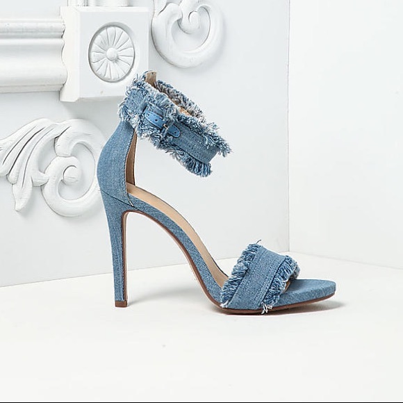 Light Denim Frayed Ankle Strap Heels - Picture 2 of 8